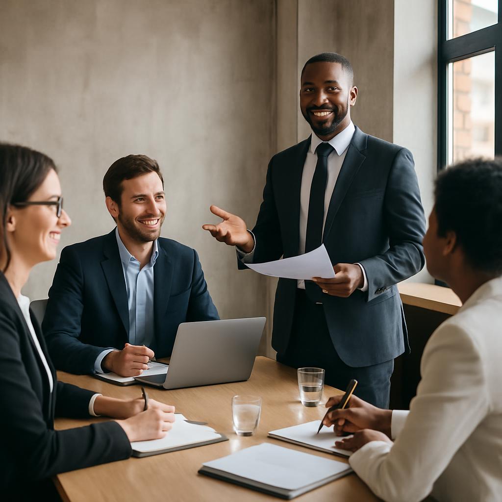 A diverse group of four people in business attire gathered around a table in a conference room, intently engaged in listen...