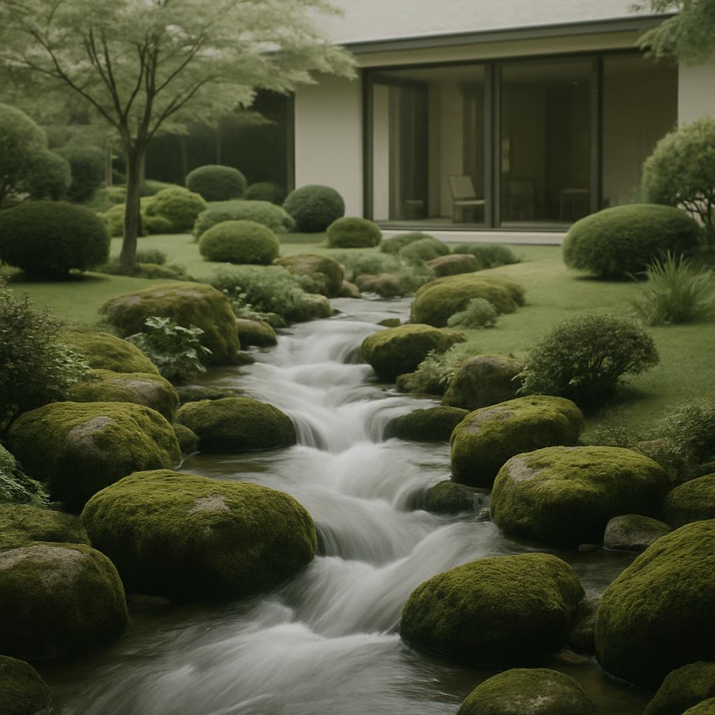A serene garden scene with a small waterfall and moss-covered rocks, showcasing a tranquil representation of a peaceful ou...