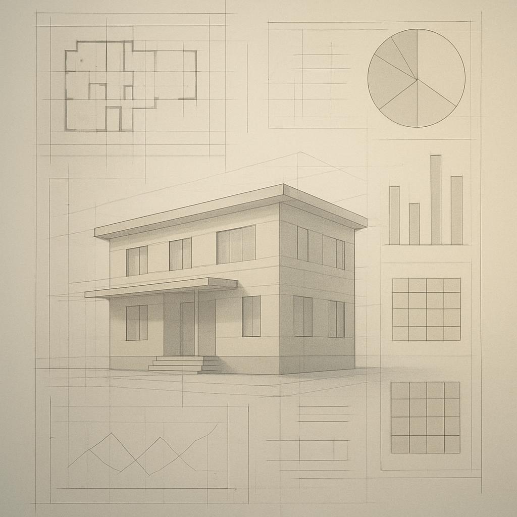 Sketches of house blueprints and graphs.