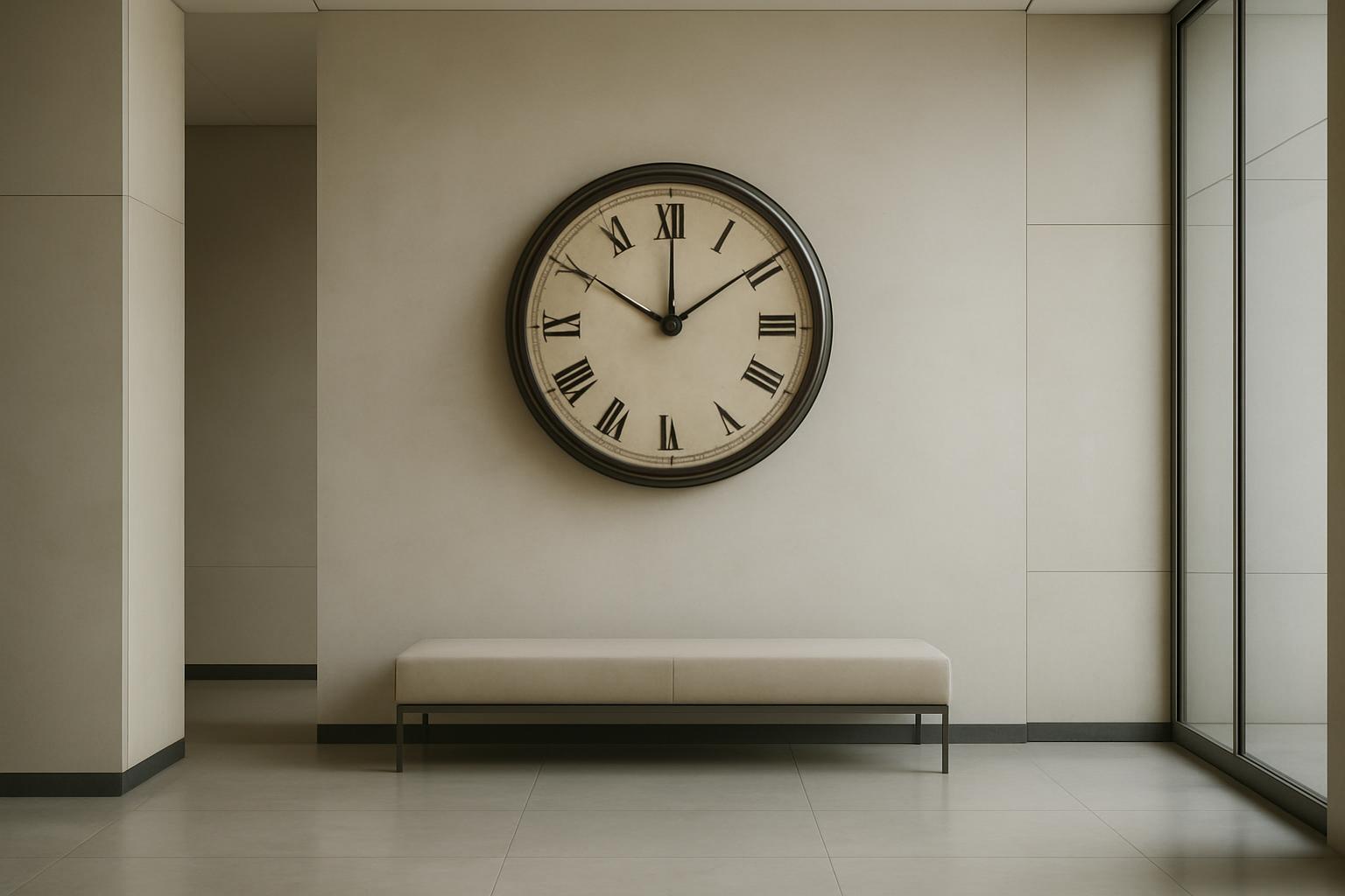A room with a large clock on the wall, featuring a bench and windows, suggesting a quiet waiting area in an office or publ...