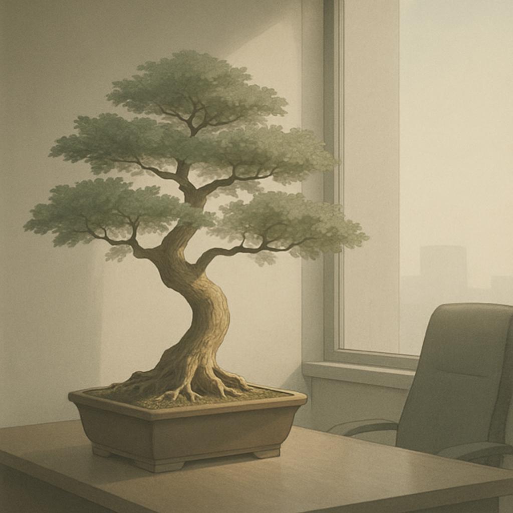 A bonsai tree sits on a desk in an office setting, its branches reaching upwards in a gentle arc, the photograph is render...