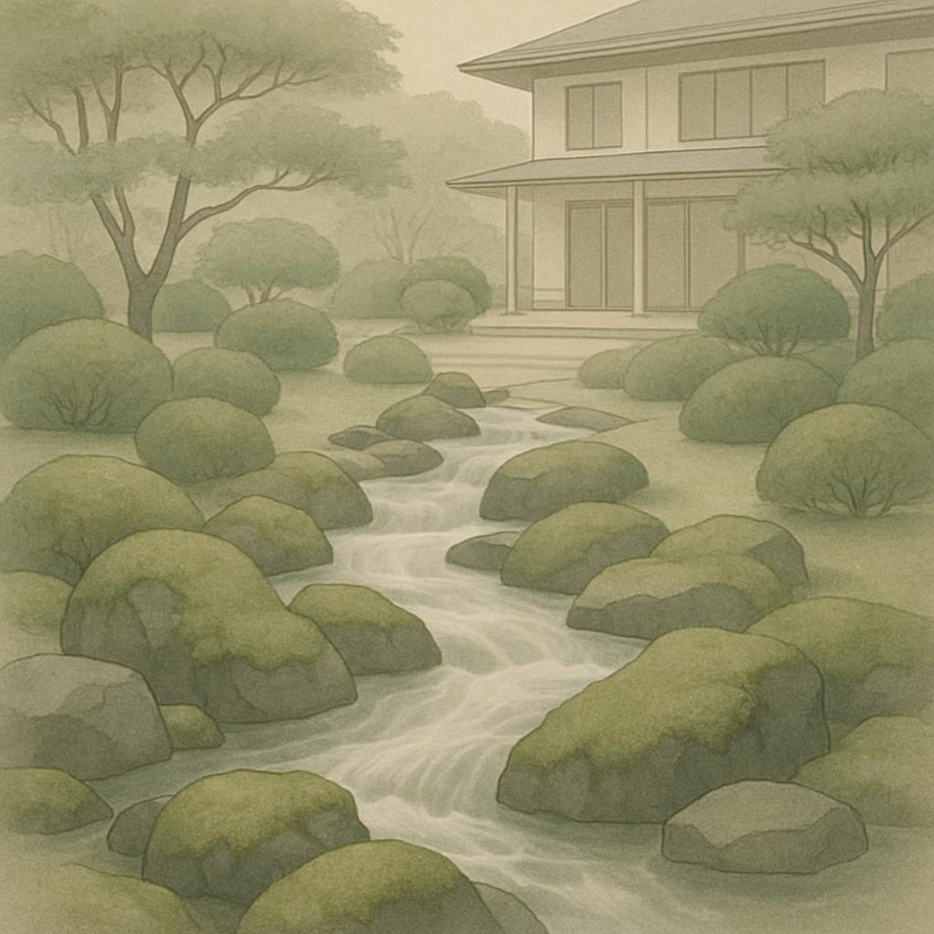 A serene landscape with a small flowing river and a multistory house, featuring a collection of greenery.