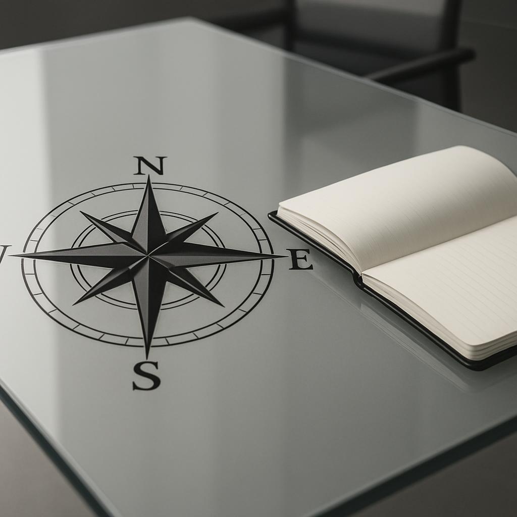 A silver desk with a compass rose printed on it and a notebook sitting partially on the desk. There's a chair in the backg...