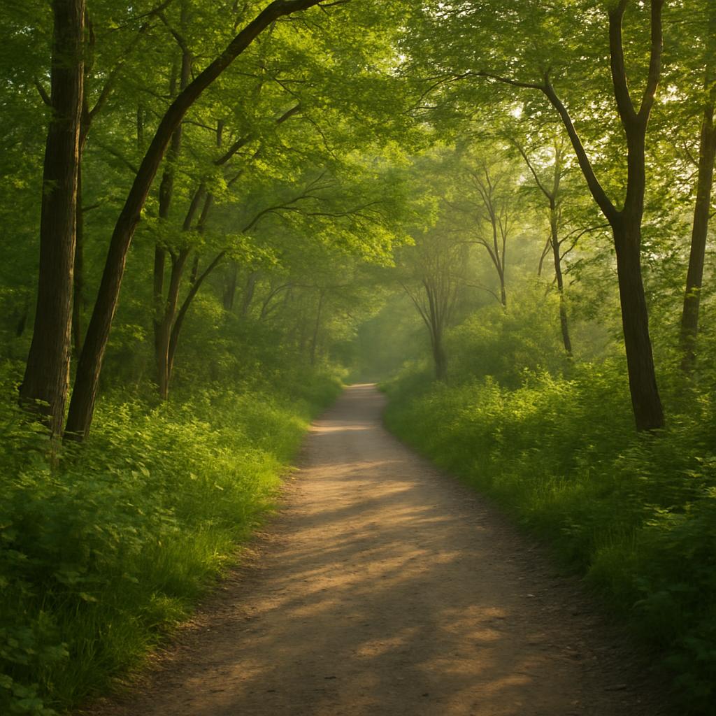 A dirt path through a forest surrounded by trees, with open shadows implying plenty of sunlit areas