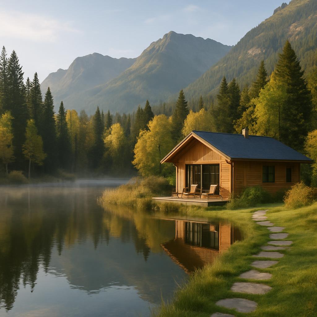 'deflate rural, detached, wooden cottage set on waterfront and surrounded by mountains in morning sunlight'